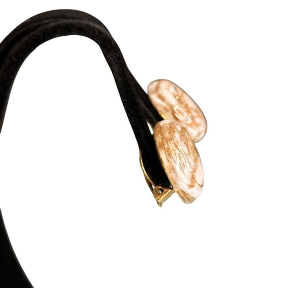 Vintage Art Glass White Rose Gold Swirl Button Clip Earrings - Picture 2 of 4